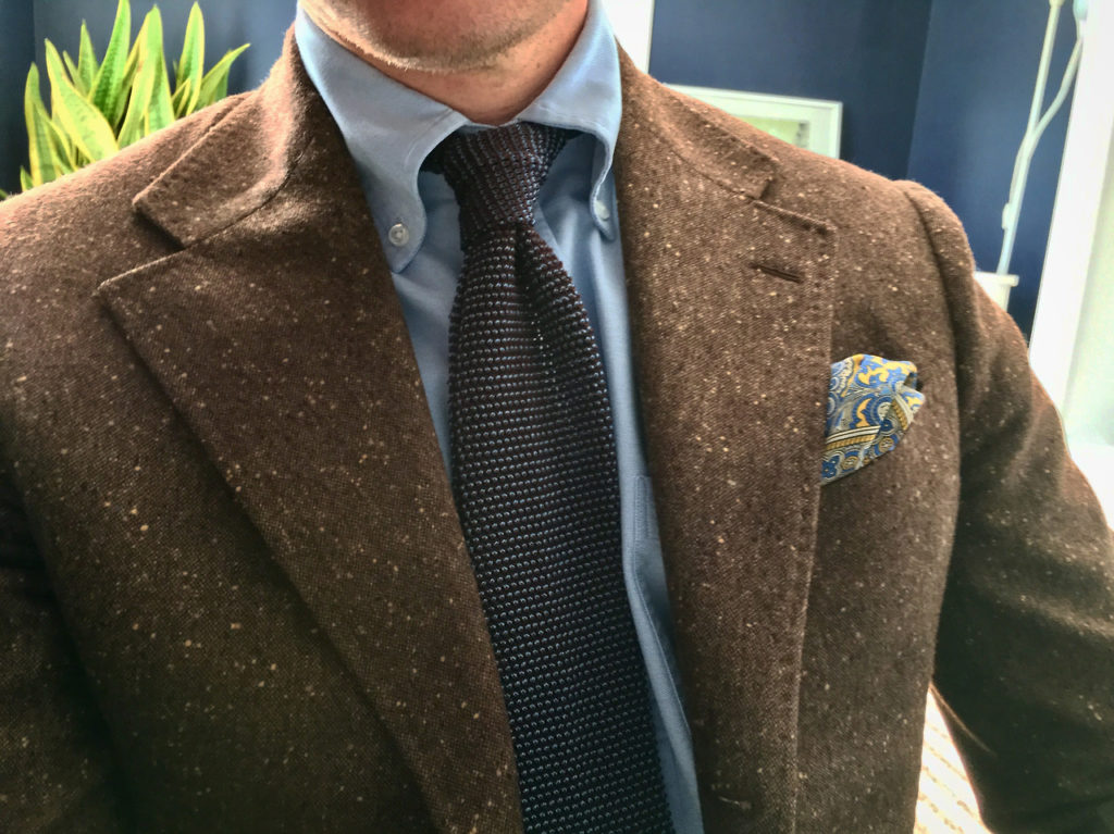 Proper Cloth Oxford shirt with the Soft Ivy Button Down collar, Eidos brown donegal sportcoat and Kent Wang knit tie.