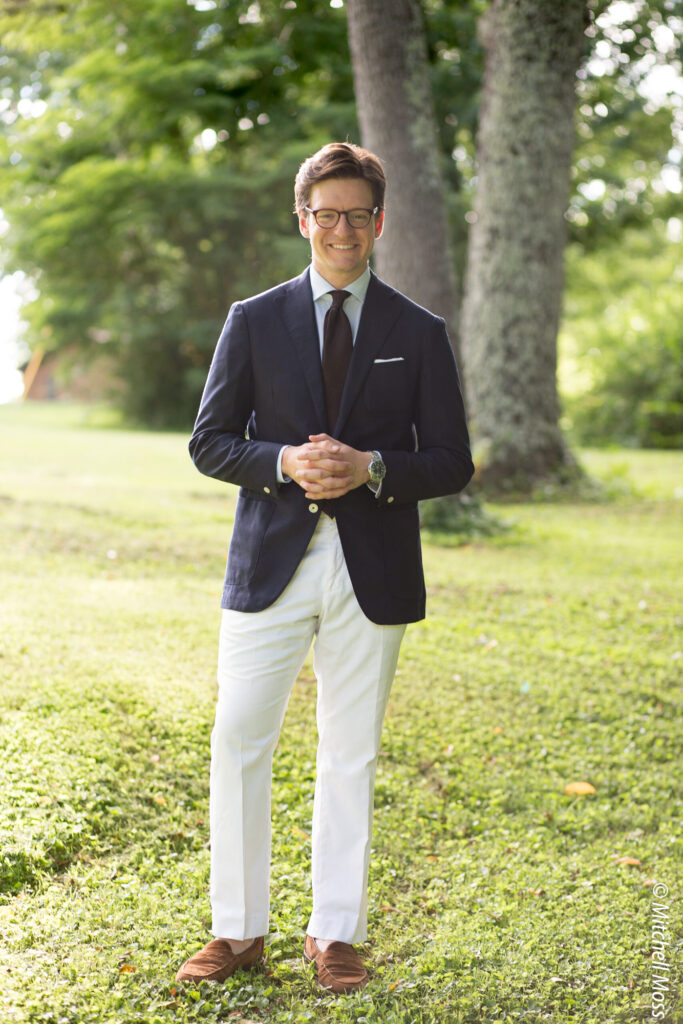 My summer uniform: Navy blazer, white trousers, pale blue shirt, snuff suede loafers. Eidos jacket, J.Crew trousers, Allen Edmonds loafers, Gutteridge shirt, Eidos tie.