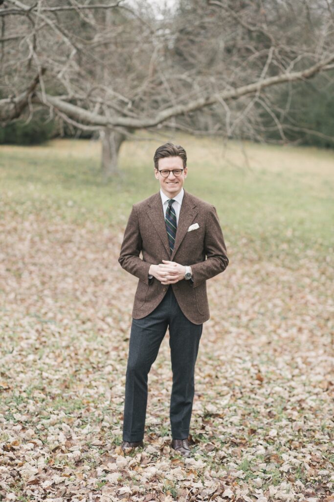Brown Eidos donegal tweed jacket with Spier and Mackay charcoal flannel trousers