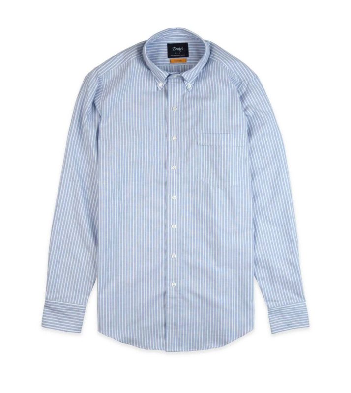 Drake's wide stripe blue oxford button down shirt