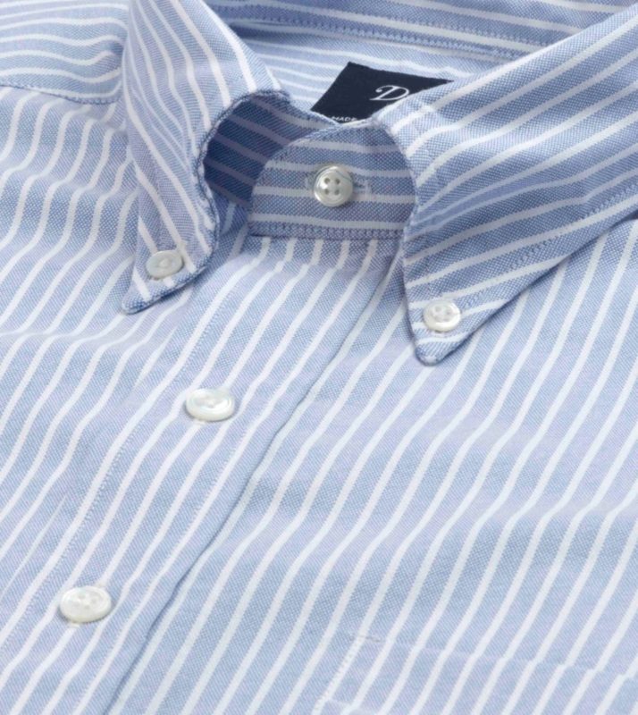 Drake's wide stripe blue oxford button down shirt up close