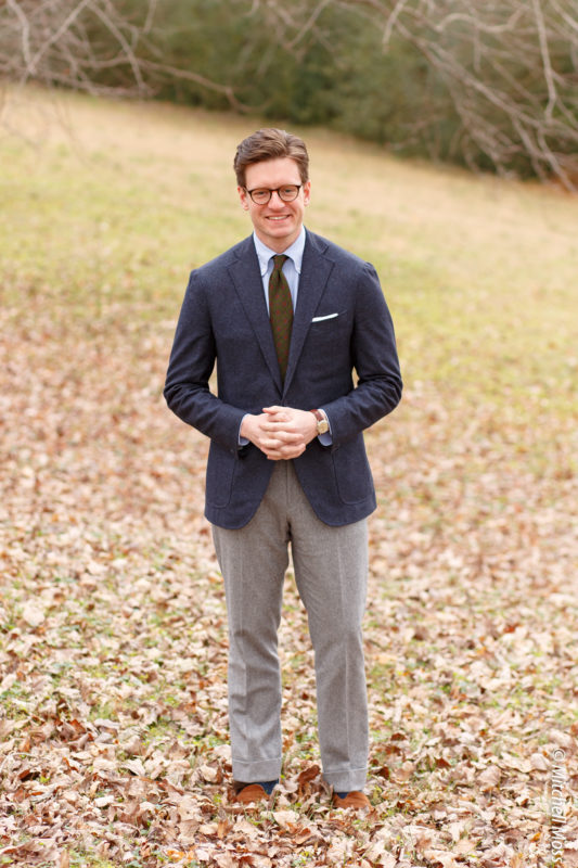 Navy Eidos blazer with Oxford cloth button down shirt, Brooks Brothers ancient madder medallion tie, light gray flannel pants and suede penny loafers