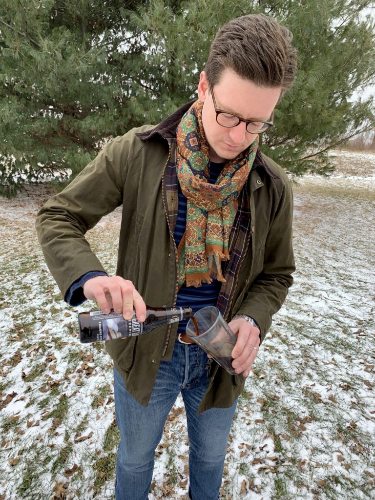 Barbour Ashby jacket, Drake's lightweight scarf, Eidos breton shirt, Orciani leather belt, American Eagle selvedge denim, Eddie Bauer K-6 leather hiking boots, Menswear Musings