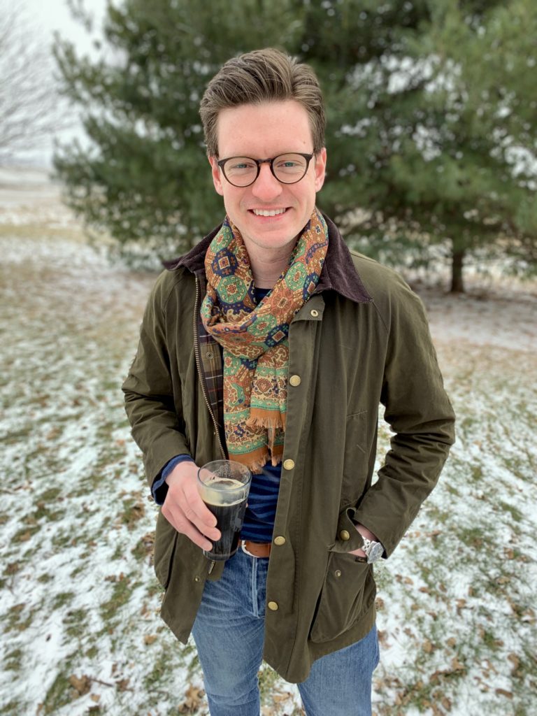 Barbour Ashby jacket, Drake's lightweight scarf, Eidos breton shirt, Orciani leather belt, American Eagle selvedge denim, Eddie Bauer K-6 leather hiking boots, Menswear Musings