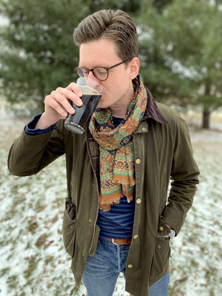 Barbour Ashby jacket, Drake's lightweight scarf, Eidos breton shirt, Orciani leather belt, American Eagle selvedge denim, Eddie Bauer K-6 leather hiking boots, Menswear Musings