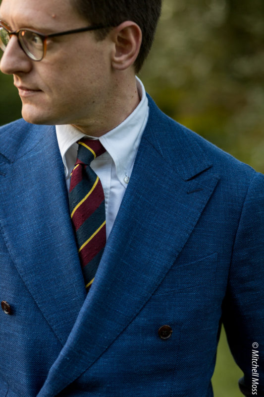 Menswear Musings, white Ratio Oxford Cloth Button Down with Suit Supply Jort double breasted blue blazer, chinos and suede penny loafers