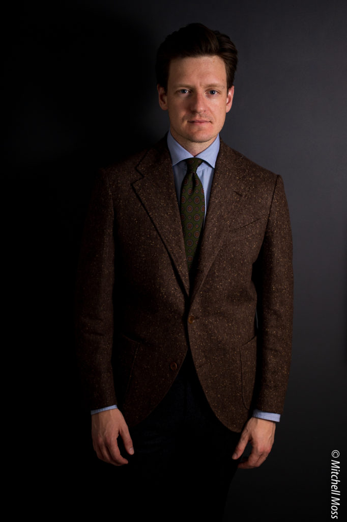 Blue hairline stripe custom dress shirt with tweed jacket, ancient madder medallion tie, serious