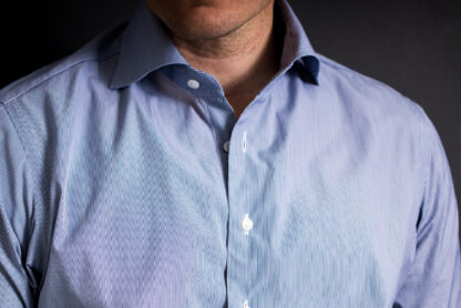 Blue hairline stripe custom dress shirt review close up