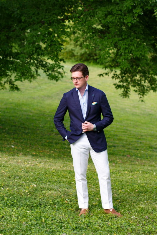 Navy raw silk blazer with off white cotton linen trousers