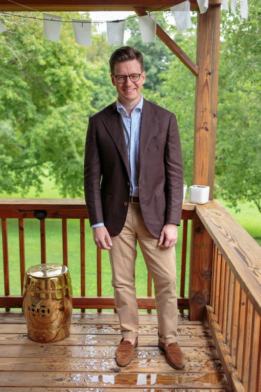 Brown raw silk blazer with British khaki colored chinos