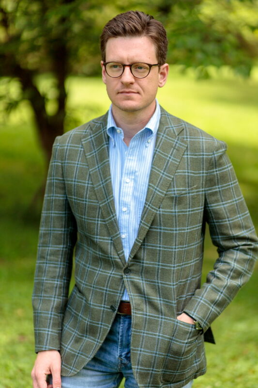 What i wore, green windowpane Eidos Tenero sportcoat, blue reverse stripe ocbd, faded American eagle denim