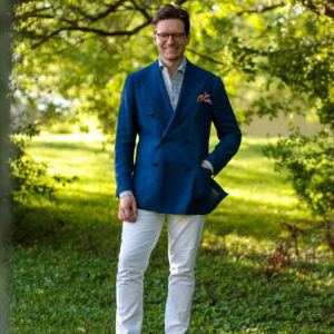 What i wore, blue suitsupply full canvas “Jort” double breasted blazer, drake’s tiger pocket square, Eidos gray and teal horizontal stripe linen shirt, white American eagle jeans, snuff suede Allen Edmonds penny loafers