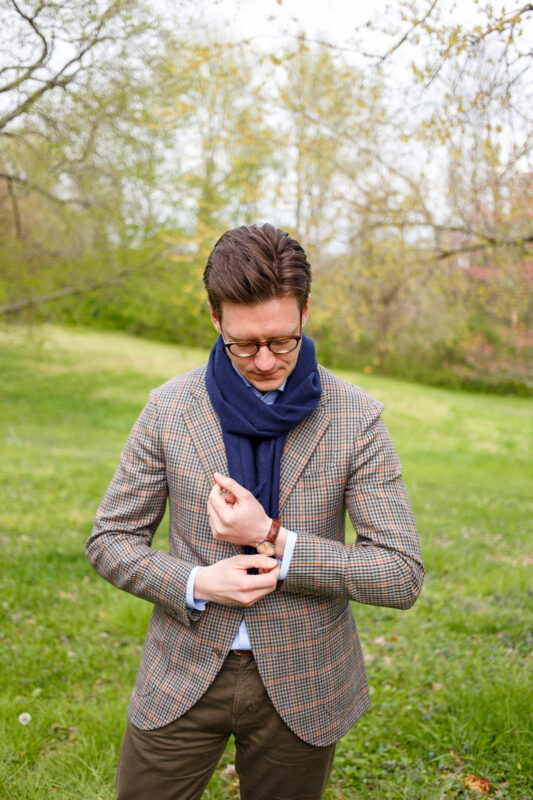 Lorenzo cut eidos gun club jacket with navy cashmere scarf and vintage omega seamaster deville