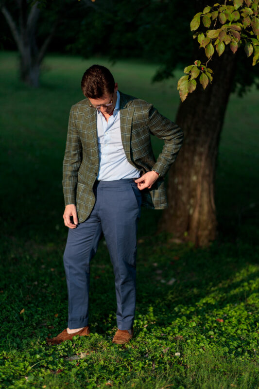 Green windowpane blazer with light navy cotton linen trousers