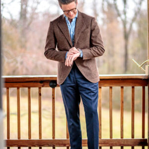 Spier and Mackay pleated blue covert twill trousers, brown donegal tweed jacket and Omega Aqua Terra