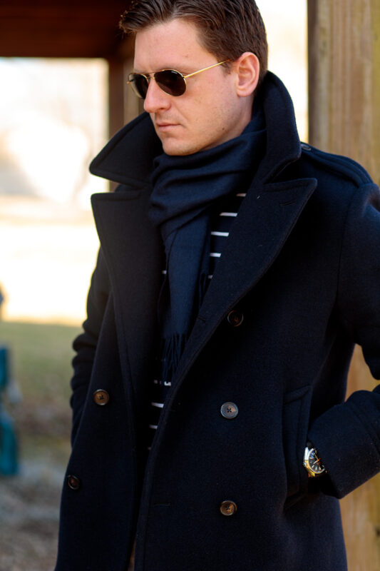 Polo Ralph Lauren navy peacoat With Randolph Aviators in gold, coat open