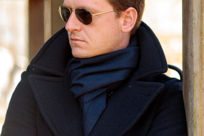 Polo Ralph Lauren navy peacoat With Randolph Aviators in gold, cropped horizontally up close