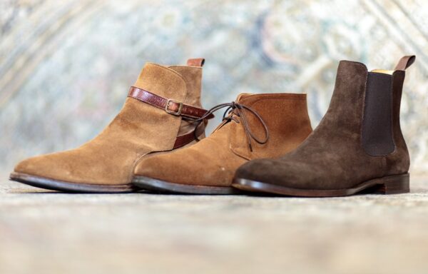 Beckett Simonon chocolate suede Bolton Chelsea boot alongside snuff suede Meermin chukkas and tan suede Christian Kimber jodhpur boots