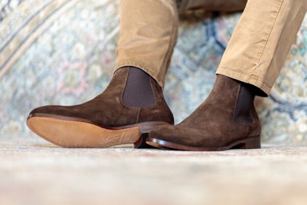 Beckett Simonon chocolate suede Bolton Chelsea boot, with olive pants