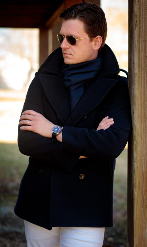 Polo Ralph Lauren navy peacoat With Randolph Aviators in gold, showing Omega Seamaster