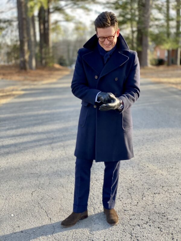 Beckett Simonon dark brown suede Bolton Chelsea boot, styled with navy flannels and navy polo officers topcoat