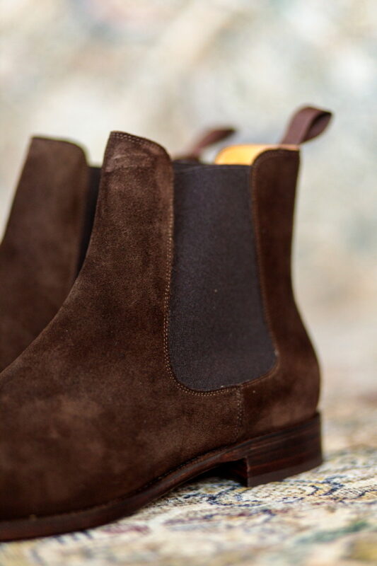 Beckett Simonon chocolate suede Bolton Chelsea boot, close up side panel