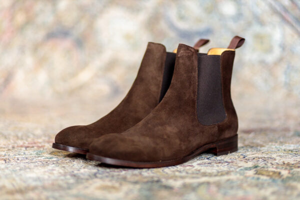 Beckett Simonon chocolate suede Bolton Chelsea boot, 3/4 view