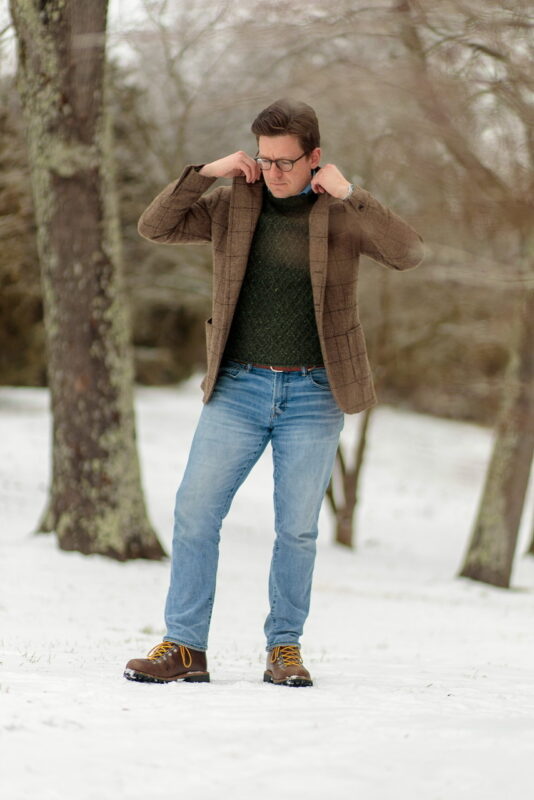 My take on a classic Robert Redford film fit. Natalino jacket, Eidos sweater and chambray shirt, American Eagle jeans, Eddie Bauer K6 boots.