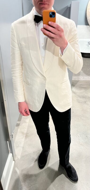 cream dinner jacket, black trousers and black belgian loafers outfit