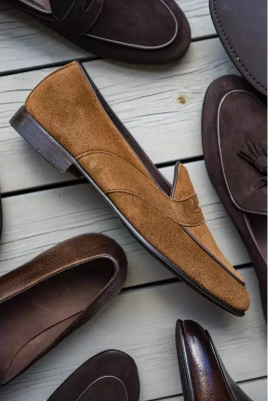 brown suede belgian penny loafers
