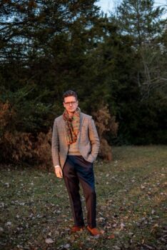 fall menswear outfit with gun club blazer, covert twill trousers, gray cashmere sweater, Drake's scarf and denim shirt